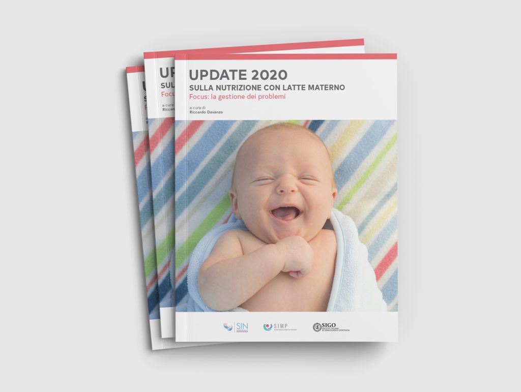 Impaginazione libro, copertina con bambino in fasce che ride. Layout grafico.